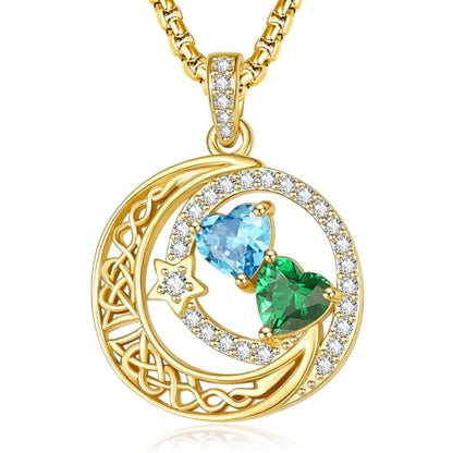 14K Gold Moon and Star Double Birthstone Necklace Gifts for Women | 2 Heart Birthstone Necklace,Mothers Day Wedding Anniversary Birthday Gifts for Wife Mom Daughter Grandma Sister - color: 03-05-Mar-May Birthstone