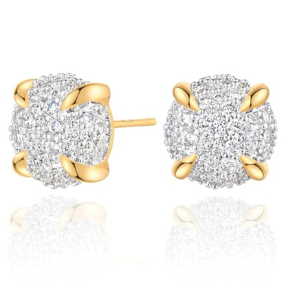MEVECCO Pave Cubic Zirconia Stud Earrings for Women, 18K Gold Plated Brass | Pave CZ Fronts, Curved Gold Plated Edge Accents, Soft Motifs and Clean Geometric Styles - style: round