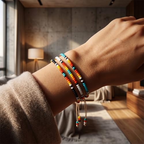 Seed Beaded String Rope Adjustable Bracelets Set for Women Men, Small Colorful Boho Rice 3Pcs Stack Handmade Thin Jewelry, Daily Beach Vacation Friendship Gift - color: Orange Blue F