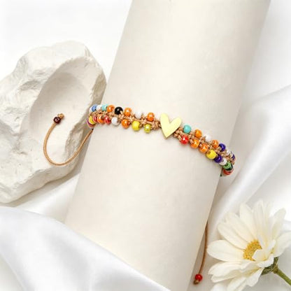 Beaded Bracelet for Women, Double Layer Colorful Seed Bead Bracelet with Heart Charm, Handmade Boho Stackable Bracelet, Adjustable Friendship Jewelry Gift for Women
