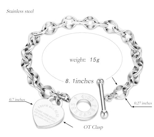 Charm Bracelet for Women 18k Gold/Silver/Rose Gold Plated Love Heart Elegant OT Clasp Stainless Steel Green Bag Packaging Jewelry Gift Birthday - color: Silver, size: 8 inch