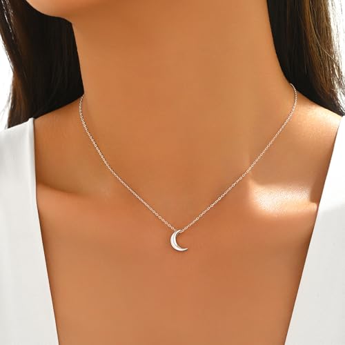 925 Sterling Silver Crescent Moon Necklace for Women | Crescent Choker Necklace 14K Gold Plated Dainty Half Moon Pendant Necklace for Mother Daughter Wedding Jewelry Gift - color: Silver
