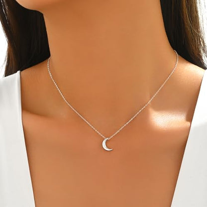 925 Sterling Silver Crescent Moon Necklace for Women | Crescent Choker Necklace 14K Gold Plated Dainty Half Moon Pendant Necklace for Mother Daughter Wedding Jewelry Gift - color: Silver