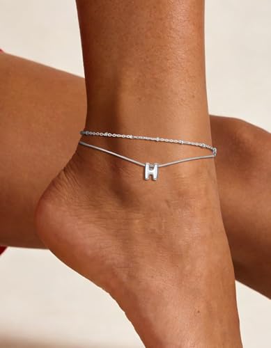ChainsHouse Initial Ankle Bracelets for Women Waterproof, 14K Gold Plated Layered Initial Anklets Non Tarnish, Adjustable Stainless Steel Women's Ankle Summer Beach Foot Jewelry - color: Stainless Steel, size: Initial H