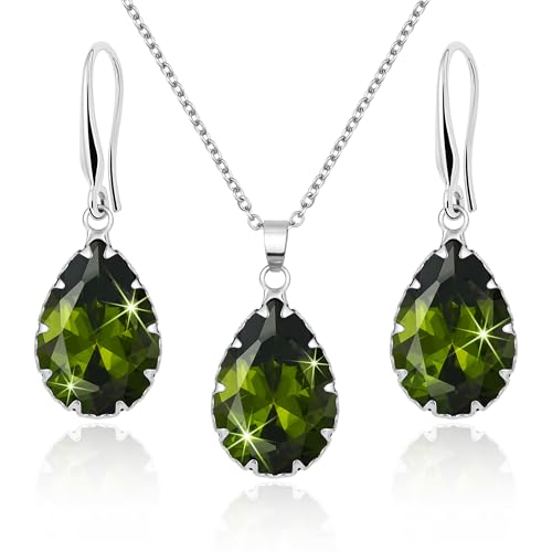 Linawe Crystal Jewelry Sets for Women, Imitation Diamond Pendant Necklace, Rhinestone Drop Dangle Earrings, Birthstone Cubic Zirconia Matching Wedding Jewelry, 14K Gold/Rose Gold/Silver Tones - color: Silver,Peridot,August