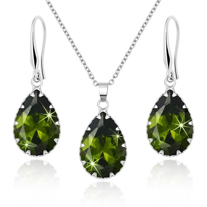 Linawe Crystal Jewelry Sets for Women, Imitation Diamond Pendant Necklace, Rhinestone Drop Dangle Earrings, Birthstone Cubic Zirconia Matching Wedding Jewelry, 14K Gold/Rose Gold/Silver Tones - color: Silver,Peridot,August