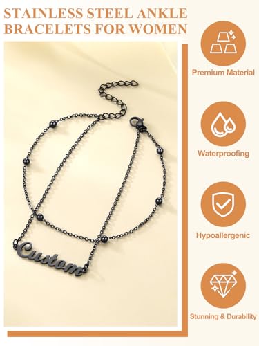 Custom4U Custom Name Anklet Bracelets for Women Waterproof Beaded/Figaro/Cuban/Rope/Wheat Chain Anklet Stackable Gold Plated Non Tarnish Custom Beach Gift Barefoot Summer Jewelry for Her - color: A03-Black Beaded Chain