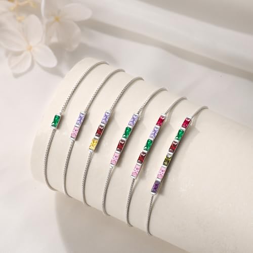 Sterling Silver Personalized 1-6 Birthstone Bracelet for Women Mothers Day Bracelet for Mom Daughter Custom Dainty Jewelry for Christmas Birthday Gift Ideas - style: Silver-6 stones