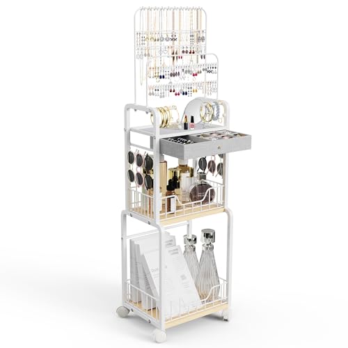 Large Jewelry Organizer Stand with Box Drawer, Multifunctional Display Cases with Wheels, Armoire Jewelry Cabinet for Earring Necklace Ring Bracelet Makeup