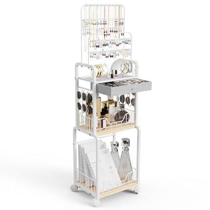 Large Jewelry Organizer Stand with Box Drawer, Multifunctional Display Cases with Wheels, Armoire Jewelry Cabinet for Earring Necklace Ring Bracelet Makeup