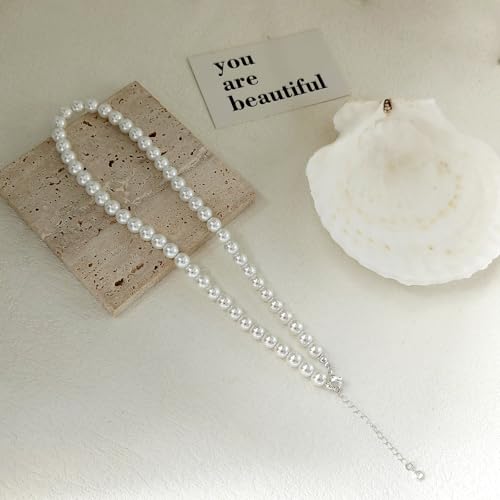 Zeffy Pearl Necklace 4MM/6MM/8MM Dainty Round Imitation Pearl Choker Necklace Wedding Pearl Necklace Delicate Jewelry for Women Simple Bridesmaid Jewelry Gifts - style: 8mm Silver Pearl Necklace(14"+2")