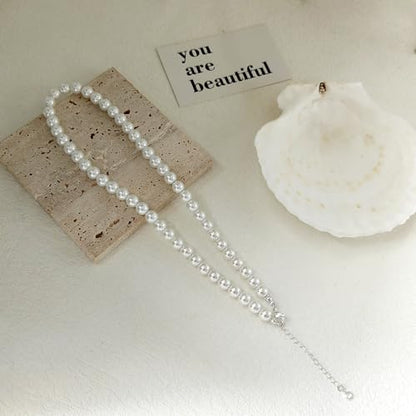 Zeffy Pearl Necklace 4MM/6MM/8MM Dainty Round Imitation Pearl Choker Necklace Wedding Pearl Necklace Delicate Jewelry for Women Simple Bridesmaid Jewelry Gifts - style: 8mm Silver Pearl Necklace(14"+2")