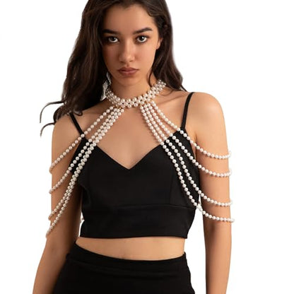 Summer Multi-layered Pearl Shoulder & Body Chain Jewelry - Festival & Rave Pearl Neck & Arm Chain - Sexy Bridal & Wedding Jewelry for Women
