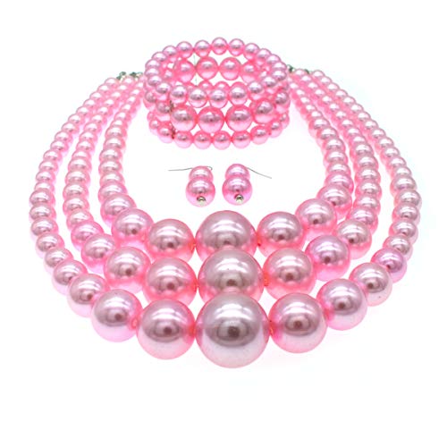 We We Imitation Pearl Necklace for Women Large Chunky Pearl Necklaces Multilayer Pearl Necklace and Earring 1920s Costume Jewelry set - color: pink pearl necklace set