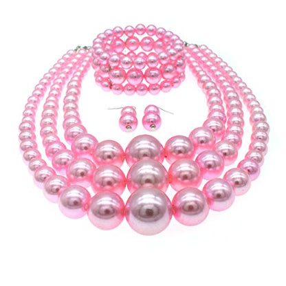 We We Imitation Pearl Necklace for Women Large Chunky Pearl Necklaces Multilayer Pearl Necklace and Earring 1920s Costume Jewelry set - color: pink pearl necklace set