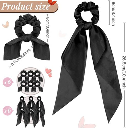 MTLEE 12 Pcs Hair Accessories for Women Hair Bows Scrunchies Scarf Ties Bunny Ears Silk Satin Scrunchies Ribbons Scarf Ties with Bows for Women Lady(Black) - color: Black