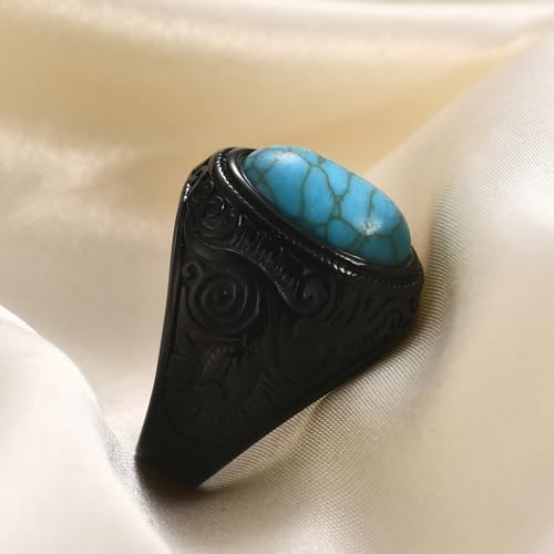 Retro Large Tiger Eye Stone Turquoise Wedding Ring For Men Classical Gothic Stainless Steel Rings - color: Black-Turquoise2