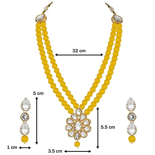 Aheli Wedding Faux Kundan Pendant Beaded Necklace Earrings Set Bollywood Indian Bharatanatyam jewellery set Gift for Women - color: Yellow