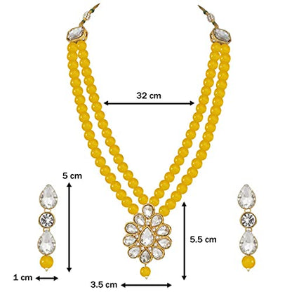 Aheli Wedding Faux Kundan Pendant Beaded Necklace Earrings Set Bollywood Indian Bharatanatyam jewellery set Gift for Women - color: Yellow