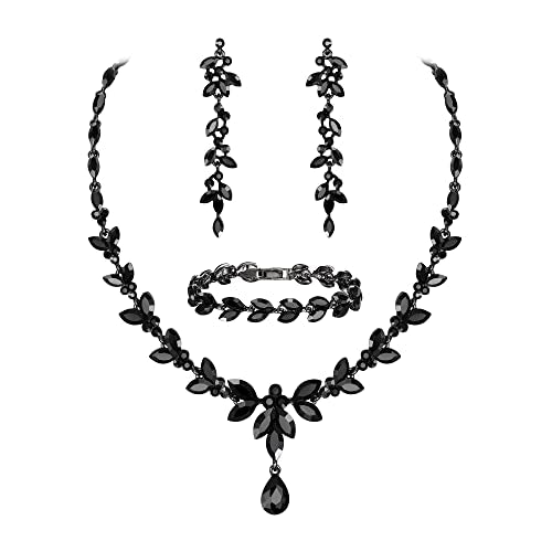EVER FAITH Marquise Crystal Leaf Bridal Prom Jewelry Set for Women Bride | Rhinestone Wedding Party Necklace Dangle Earrings Tennis Bracelet, for Bridesmaid - color: Black Black-Tone