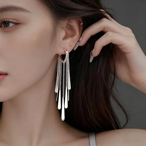 Silver Long Tassel Dangle Earrings for Women, Statement Silver Drop Hoop Earrings, Shiny Silver Dangle Earrings for Daily Wear, Parties & Special Occasions