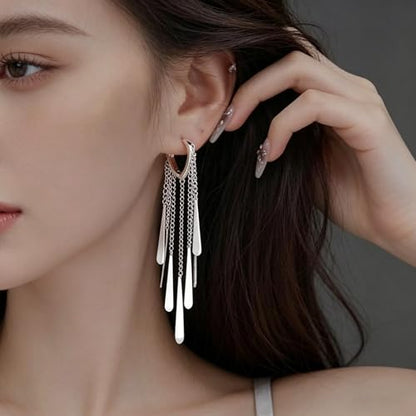 Silver Long Tassel Dangle Earrings for Women, Statement Silver Drop Hoop Earrings, Shiny Silver Dangle Earrings for Daily Wear, Parties & Special Occasions