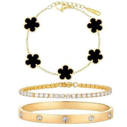 Gold Bracelet Stack,18K Gold Plated Clover Bracelet Love Gold Bangles Tennis Bracelet,3Pcs Gold Bracelets for Women Trendy Non Tarnish Gold jewelry for Women Gift - color: BLACK