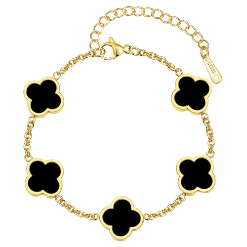 Four Leaf Clover Bracelet for Women 18K Gold Plated Stainless Steel 4 Leaf Link Chain Adjustable Bracelets Lucky Gift for Women/White/Black/Rich Red/Emerald Green/ Navy Blue/Pink Bracelets - color: Black/Gold