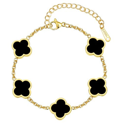 Four Leaf Clover Bracelet for Women 18K Gold Plated Stainless Steel 4 Leaf Link Chain Adjustable Bracelets Lucky Gift for Women/White/Black/Rich Red/Emerald Green/ Navy Blue/Pink Bracelets - color: Black/Gold