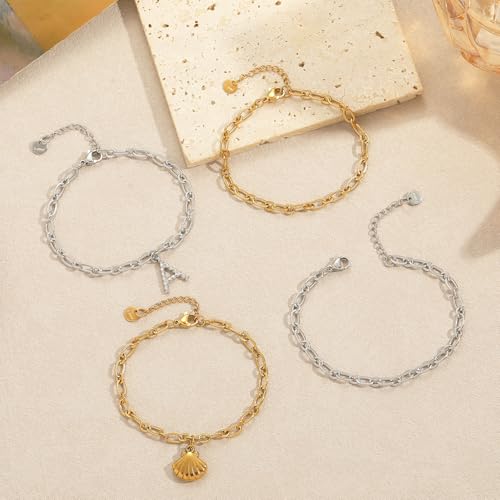 10 PCS Bracelets for Women Stainless Steel Chain Link Bracelet Set | 6.7 Inches with Extender, Jewelry Gifts for DIY, Chains Bulk, Oval, Curb, Figaro Chains, 18K Gold Plated, Silver, Chunky - color: Cable Gold