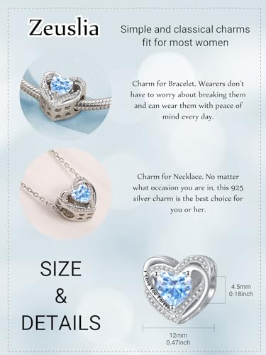 Heart Birthstone Charms for Bracelets, 925 Sterling Silver Women Bead Charms for Charm Bracelets Necklace, Mother's Day Birthday Anniversary Jewelry Gifts for Wife Mom Grandma Daughter - style: Bead - Mar - Aquamarine