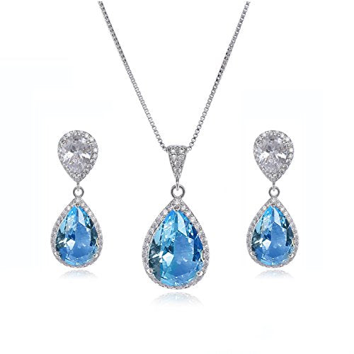 Elegant Jewelry Set for Women Silver Teardrop CZ Drop Earrings and Necklace | Square Teardrop Cubic Zirconia Rhinestone Jewelry Sets Bridal Jewelry Sets for Wedding Bride Bridesmaids Mother of Bride - style: Guardian Angel (Aquamarine)