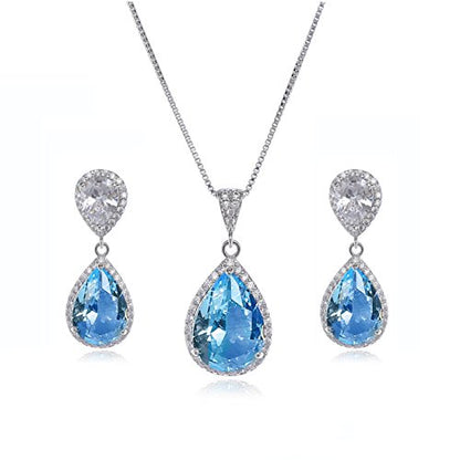 Elegant Jewelry Set for Women Silver Teardrop CZ Drop Earrings and Necklace | Square Teardrop Cubic Zirconia Rhinestone Jewelry Sets Bridal Jewelry Sets for Wedding Bride Bridesmaids Mother of Bride - style: Guardian Angel (Aquamarine)