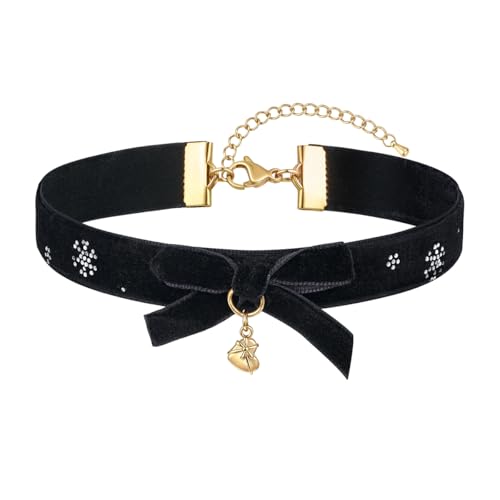 FOSIR Velvet Choker for Slender Neck, 14k Gold Plated Sainless Steel Heart/Snowman/Deer/Hat/Tree/Bell/Pendant Collar Necklace for Women, Adjustable Soft Skin-Friendly Velvet Jewelry Gifts - color: Black Choker- Heart