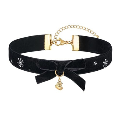 FOSIR Velvet Choker for Slender Neck, 14k Gold Plated Sainless Steel Heart/Snowman/Deer/Hat/Tree/Bell/Pendant Collar Necklace for Women, Adjustable Soft Skin-Friendly Velvet Jewelry Gifts - color: Black Choker- Heart