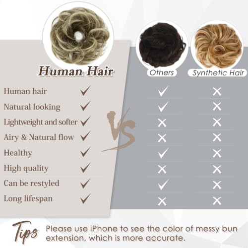 RUWISS 100% Human Hair Bun Small Messy Bun Hair Piece for Women Layered Wavy Hair Buns Updo Hairpiece for Daily Wear Scrunchies Ponytail Extension (Brown Mixed Light Blond) - color: Brown Mixed Light Blond