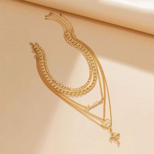 Chunky Gold Necklace Stack Layered Gold Necklaces for Women Non Tarnish Silver Statement Necklace Paperclip Chain Necklace Set Layering Big Heart Coin Cross Necklace Chunky Jewelry - style: 3 - gold with cross