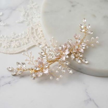 SWEETV Wedding Hair Clip for Brides Comb Bridal Hair Accessories Headpiece | Gold Handmade Flower Pearl Hair Comb Rhinestone Leaf Bridal Headpiece, Crystal Wedding Hair Pieces Brides Bridesmaids Women - color: Rose Gold