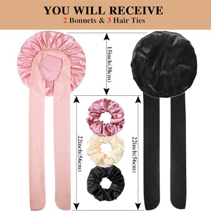 2+3 Large Satin Bonnets with Scrunchies for Women, Hair Bonnet Sleeping Tie Bonnet for Braids Curly Hair - color: C - Black, Blush Pink