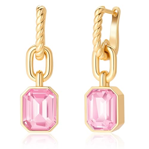 Birthstone Crystal Dangle Drop Earrings, 18K Gold Plated Huggie HoopEarring | Hypoallergenic Earring Jewelry Gifts for Women, Birthdays, anniversaries, weddings - color: Pink-1