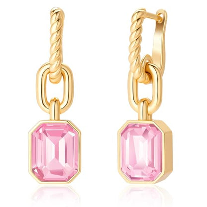 Birthstone Crystal Dangle Drop Earrings, 18K Gold Plated Huggie HoopEarring | Hypoallergenic Earring Jewelry Gifts for Women, Birthdays, anniversaries, weddings - color: Pink-1