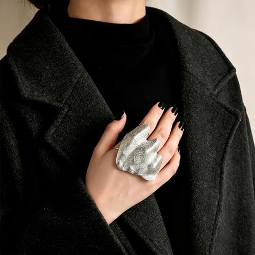 Gothic Irregular Pleated Knuckle Ring Punk Pleated Hand Ring | Hiphop Texture Pleated Finger Rings Minimalist Hand-Hammered Arthritis Ring Wide pleated Hand Ring
