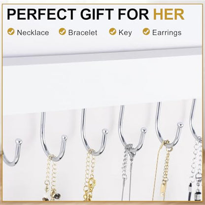 2 Pack Wall Necklace Organizer, Wooden Jewelry Holder, White, 24 Hooks | Real Wood; 24 Rotating Hooks; Wall Mount With Screws; Keeps Necklaces, Bracelets, Earrings, And Keys Organized - color: White