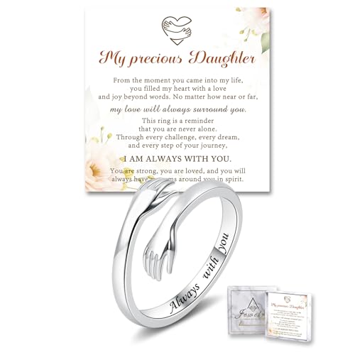 Sterling Silver Hug Ring for Women Teen Girls Adjustable Love Promise Ring Inspirational Open Rings Mothers Day Birthday Gift for Daughter Granddaughter Mom Wife Best Friend - color: Silver / Daughter Gift (Always with you)