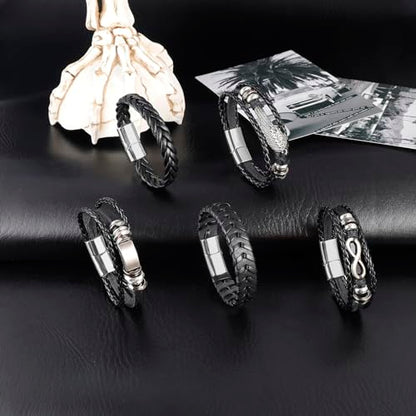 5 Pcs Braided Leather Bracelets for Men Women Woven Cuff Bracelet Adjustable - color: Silver Clasp