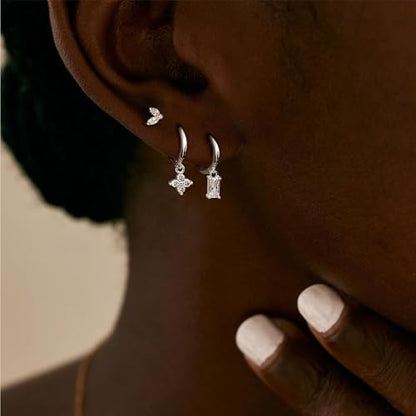 Sterling Silver Earrings Stacks for Women, Hypoallergenic Cartilage Earring | Dainty Stud Huggie Hoop Dangle Chain Earrings, 14K Gold/White Gold Plated - color: 3Pairs-Square CZ Set-Silver