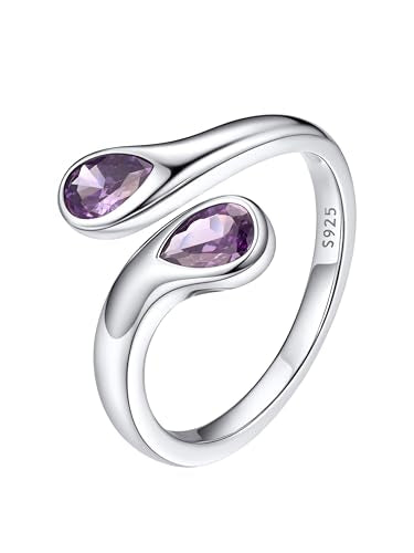 Bestyle Silver Birthstone Ring for Women, Dainty Sterling Silver Teardrop Ring Open Adjustable Band Ring, Love Statement TOI et Moi Ring Promise Ring for Her - color: 06.June ( Alexandrite)