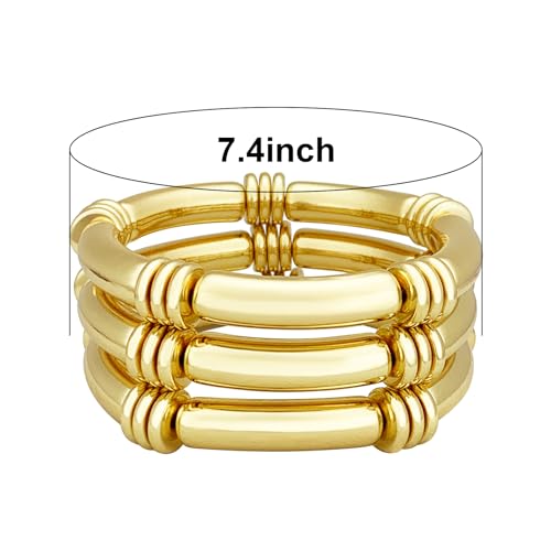 YBMYCM 5PCS Gold Chunky Bangles Bracelets for Women | 14k Gold Plated Stackable Layered Curved Bamboo Tube Stretch Bracelets Bangle Gift Jewelry - color: 3pcs G