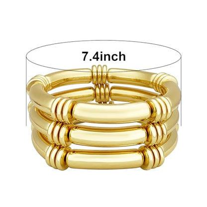 YBMYCM 5PCS Gold Chunky Bangles Bracelets for Women | 14k Gold Plated Stackable Layered Curved Bamboo Tube Stretch Bracelets Bangle Gift Jewelry - color: 3pcs G