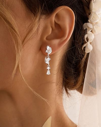 14K Gold Plated/Sterling Silver CZ Pearl Drop Dangle Earrings for Women - color: Silver-Flower CZ